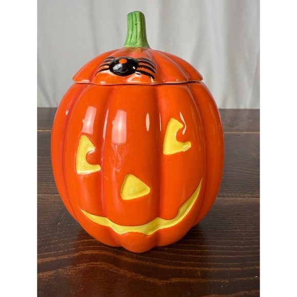 Ceramic Halloween Pumpkin Candy Dish Jar with Spider Fall Decor Hallmark - Picture 1 of 9